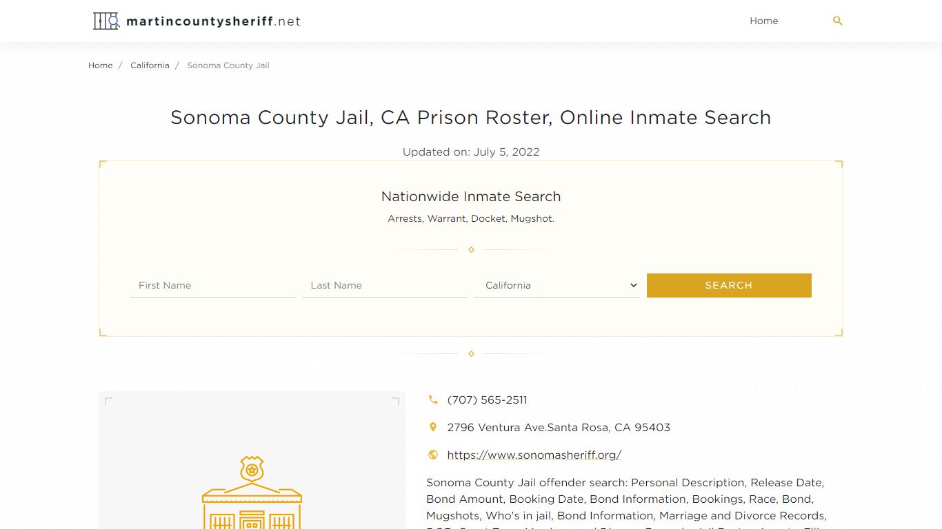 Sonoma County Jail, CA Prison Roster, Online Inmate Search ...